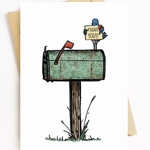 BellavanceEncre : Carte de remerciement avec oiseau bleu sur une vieille boîte aux lettres 5 x 7 pouces