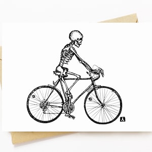 BellavanceEncre : Carte de vœux avec Skeleton conduisant leur vélo sur la route 5 x 7 pouces