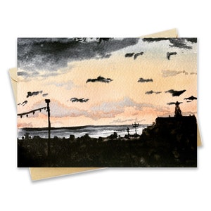 BellavanceInk: wenskaart met zonsondergang aquarel van een uitzicht op het strand op Cerritos Surf Town Beach in Baja Mexico 5 x 7 inch