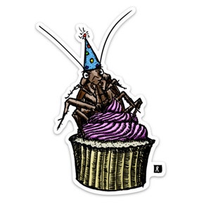BellavanceInk: Cockroach Happily Crawling Over A Birthday Cupcake Vinyl Sticker Pen and Ink Illustration