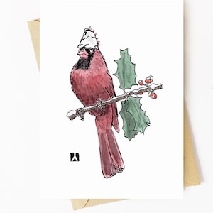 BellavanceInk: Christmas Card With Cardinal With A Dab Of Fallen Snow On His Head Pen & Ink Watercolor Illustration 5 x 7 Inches