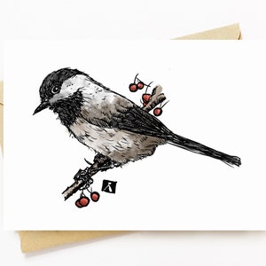 BellavanceEncre: Carte de vœux avec mésange coiffée de noir sur une branche d’arbre Illustration à l’aquarelle 5 x 7 pouces