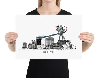 BellavanceInk: Pen And Ink Sketch Print of Large Alien Monster Attacking the Abandoned Landmark Hotel in Charlottesville Virginia