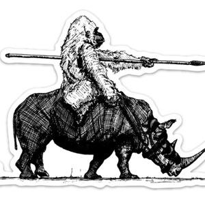 BellavanceInk: Gorilla On A War Rhino Vinyl Sticker Pen & Ink Illustration