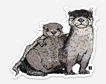 BellavanceInk: Two Otters Vinyl Sticker Pen and Ink Illustration