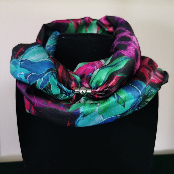 Silk scarf in loop style | Green Pink Blue | Elegant jewelry cloth | Silk scarf manufactory