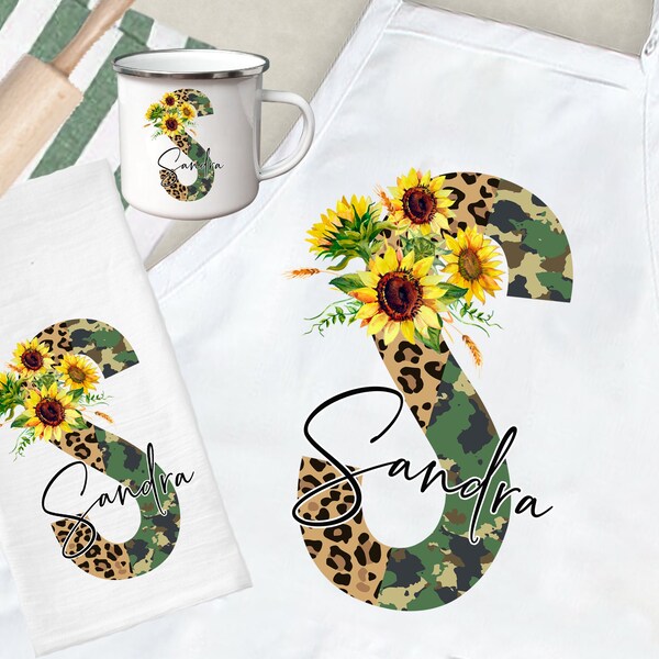 Leopard Camo Sunflower initial name Monogram Apron - Custom Monogram apron, Customized Apron - baking - kitchen - any letter