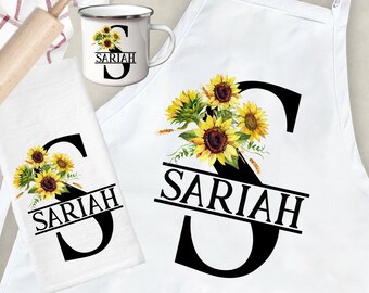 Personalized Sunflower initial name Monogram Apron - Custom Sunflower Monogram apron, Customized Apron - baking - kitchen - any letter