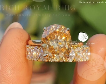 5 CT Moissanite Champagne Oval Cut With Oval Band 14K Yellow Gold Wedding Bridal Ring Set Proposal Engagement Ring Set Anniversary Ring Set
