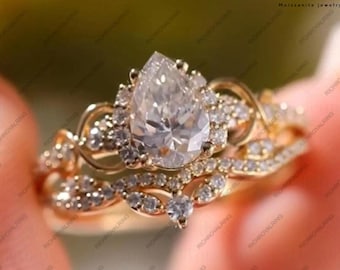 2 CT Pear Moissanite Engagement Ring Set 14K Gold Ring Bridal Set Nature Inspired Floral Wedding Ring Unique Promise Ring Anniversary Ring