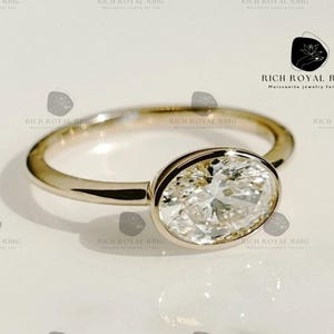 East West 2 CT Oval Cut 14K Solid Gold Engagement Ring Bridal Bezel Set Solitaire Wedding Ring Women Solitaire Anniversary Gifts for Her