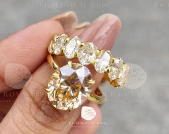 Champagne Oval Cut Ring With Canary Yellow Band Engagement Ring Set 14K Gold Bridal Matching Ring Set Hidden Halo Unique Moissanite Ring Set