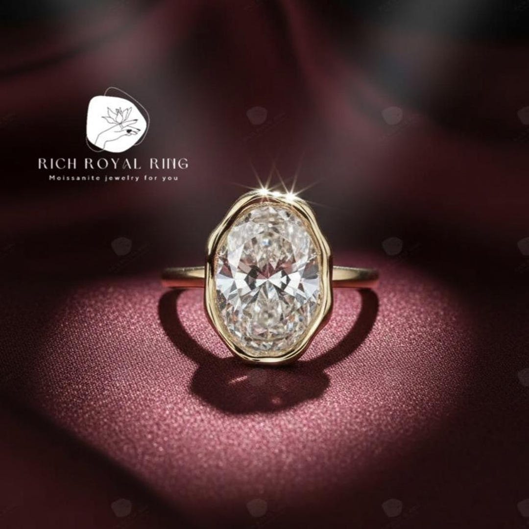 3 Ct Oval Cut Moissanite Diamond Solitaire Engagement Ring Bezel 14K ...