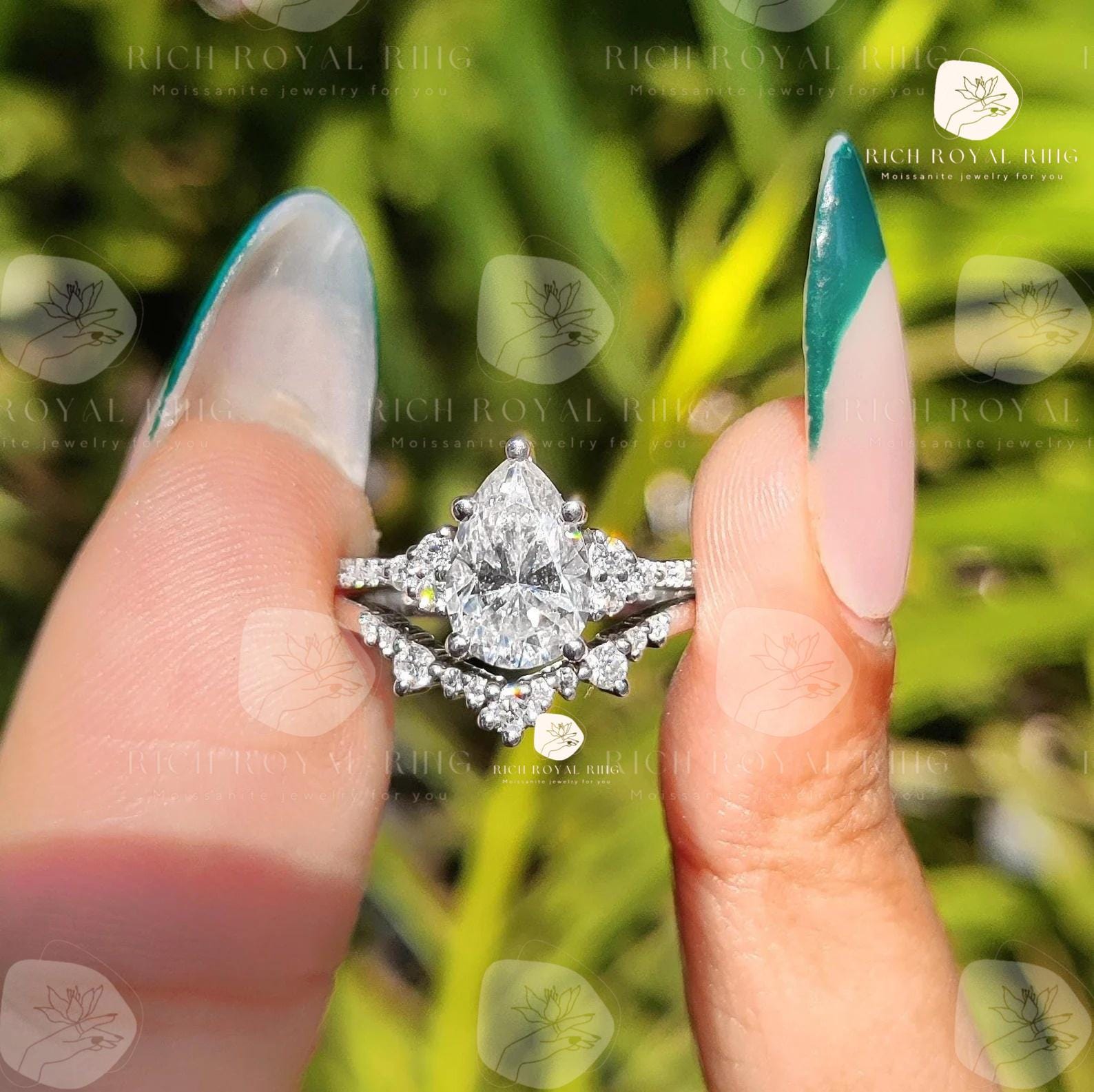 1.75 CT Pear Cut Moissanite Engagement Ring Set Women Cluster Moissanite Wedding Ring Set Vintage 14k White Gold Bridal Set Anniversary Gift
