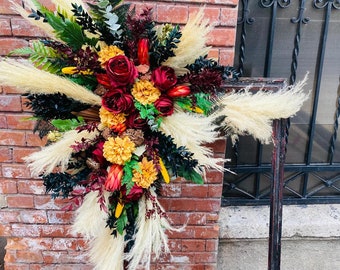 Natural dried pampas grass, Artificial floral wedding arch, Boho flower arch, Boho Flower Arch,  Floral arch, Burgundy wedding arrangement