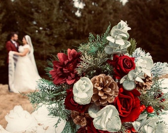 Christmas wedding bouquet, Red bride bouquet, Winter wedding bouquet, Christmas flowers, Pinecone bridal bouquet, Faux flowers bouquet