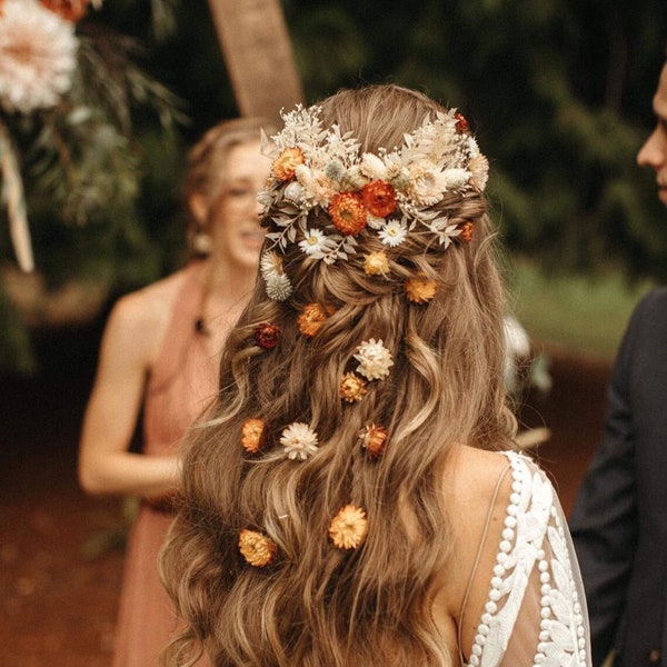 Unique orange hairpiece handcrafted with dried flowers for your special wedding day