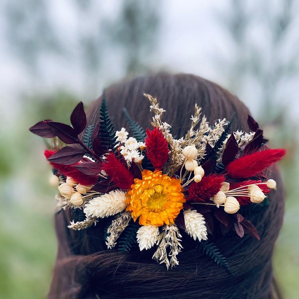 Dried flower hair piece, Burgundy hair comb, Bridal hair piece, Boho headpiece, Rustic hair piece, Wedding hair piece, Boho hair piece