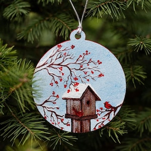 Christmas tree ornament, Wood slice ornament, Snow bird ornament, Hand-painted wooden Christmas ornament, Nature inspired ornament