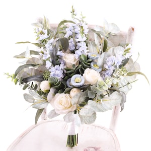 Dusty blue bridal bouquet, Boho bouquet, Cascade bridal bouquet, Eucalyptus bride bouquet, Blue wedding bouquet, Silk flowers bouquet