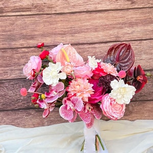 Hot pink orchid bridal bouquet, Orchid tropical bouquet, Burgundy bridal bouquet, Boho wedding flowers, Colorful bouquet, Jewel tone bouquet