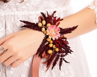 Dried flower wrist corsage, Burgundy wrist corsage, Light pink dried flowers corsage, Rustic bridal corsage, Dried wedding accessories