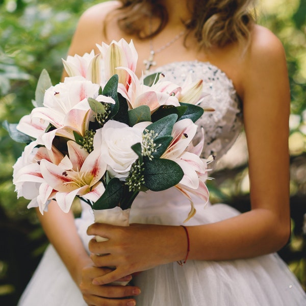 Light pink lilies bouquet, White roses bridal bouquet, Real touch lilies bouquet
