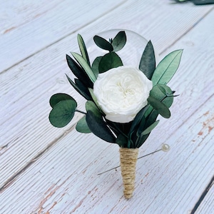 Bräutigam Boutonniere, grün-weißes Knopfloch, Boho getrocknete Boutonniere und Corsage-Set, getrocknete Blumen Boutonniere, rustikales Knopfloch