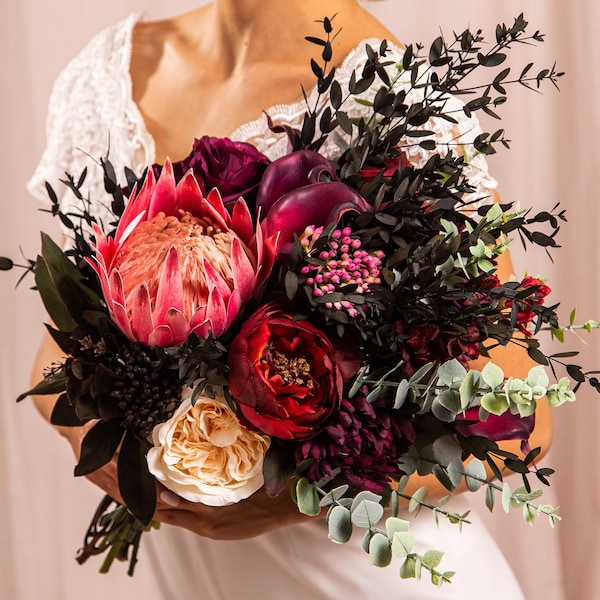 Protea bouquet, Dried flower bouquet, Burgundy peonies bouquet, Calla lily bouquet, Fall wedding flowers, Silk wedding bouquet