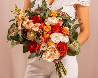 Terracotta bridal bouquet, Boho bouquet, Brunt orange flowers, Fall wedding bouquet,  Silk flowers bridesmaids bouquet