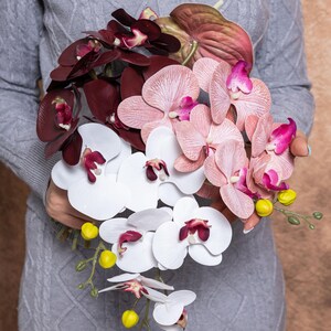 Pink orchid bridal bouquet, Burgundy orchid wedding bouquet,  White cascade bouquet, White Wedding bouquet, Tropical orchid wedding bouquet