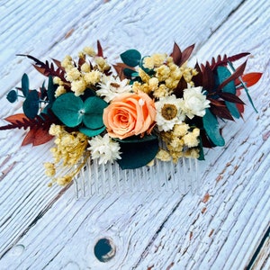 Dried Flower Hair Piece in Salmon - Rustic Floral Hair Comb, Boho Bridal Accessory