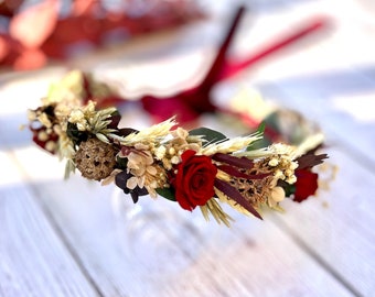 Dried flower wreath, Burgundy wedding flowers, Wedding hair crown, Boho headpiece, Fall wedding flowers, Rustic Floral Headpiece
