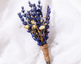 Lavender boutonniere, Baby's breath boutonniere, Dried flower wedding boutonniere,  Rustic groom boutonniere, Groomsman dried boutonniere