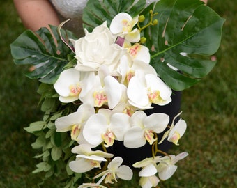 Cascade wedding bouquet,  White orchid bridal bouquet, Cascade bouquet, White Wedding bouquet, Orchid Wedding flowers, Silk Bridal bouquet
