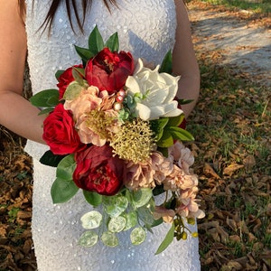 Cascade wedding bouquet,  Burgundy bridal bouquet, Peony cascade bouquet,Red wedding bouquet, Rose Wedding flowers, Silk Bridal bouquet