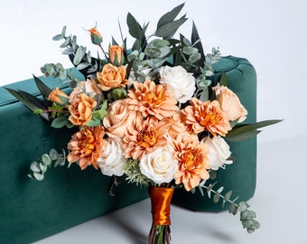 Orange bridal bouquet, Fall wedding bouquet, Eucalyptus bride bouquet, Fall orange bouquet, Dahlia bridesmaids bouquet, Silk flowers bouquet