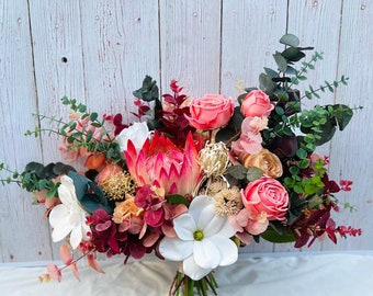 Ramo de protea, ramo de novia rosa, ramo de flores secas, ramo de peonías de Borgoña, ramo de lirio Calla, flores de boda de rosas rosas