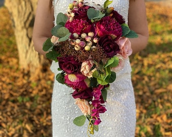 Cascade wedding bouquet, Burgundy bridal bouquet, Rose bouquet, Faux Flower