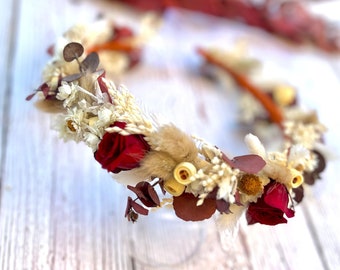 Couronne de fleurs séchées, couronne de fleurs séchées, fleurs de mariage bourgogne, couronne de cheveux de roses rouges, casque bohème, fleurs de mariage automne, mariage automne