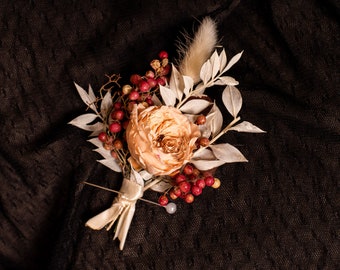 Bleached dried flowers boutonniere, Preserved rose buttonhole, Burgundy buttonhole, Rustic groom boutonniere, Groomsman dried boutonniere