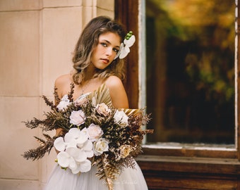 Dried wedding bouquet, Palm leaf bouquet, Orchid cascade bouquet, Light pink roses, Silk flowers fall bouquet