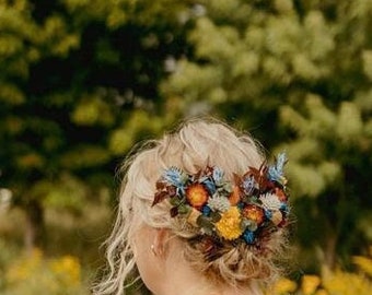 Morceau de cheveux de fleurs séchées, peigne à cheveux orange, morceau de cheveux de mariée, casque Boho, morceau de cheveux rustique, morceau de cheveux de mariage, morceau de cheveux Boho