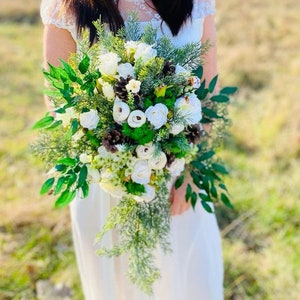 Cascade winter bouquet, White roses wedding bouquet, Greenery bridal bouquet, Keepsake Bouquet