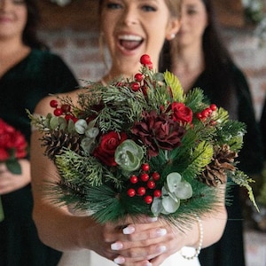 Red Christmas bouquet, Winter roses wedding bouquet, Keepsake bouquet, Artificial winter roses bridal bouquet, Christmas Winter bouquet