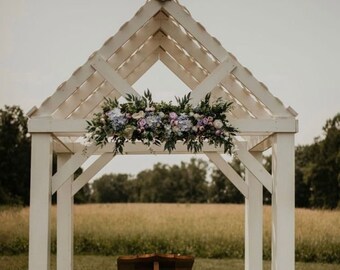 Dusty blue arch flowers, Flower arch arrangement, Wedding corner swag, Faux flowers wedding arrangement, White wedding arch, Spring wedding