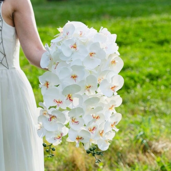 Bouquet de mariage en cascade, Bouquet de mariée d’orchidée blanche, Bouquet de cascade blanche, Bouquet de mariage d’orchidée tropicale