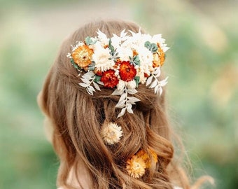 Dried flower hair piece, Orange hair comb, Eucalyptus hair piece, Boho headpiece, Rustic hair piece, Wedding hair piece, Boho hair piece