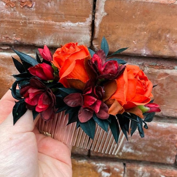 Dried flower hair piece, Rust orange hair comb, Bridal hair piece, Boho headpiece, Rustic hair piece, Wedding hair piece, Boho hair piece