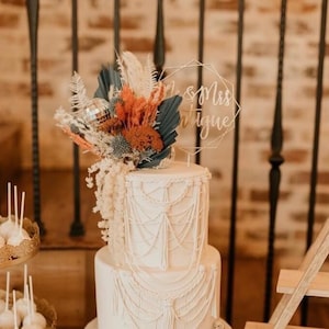 Dried Flower Cake Decor: Rust Orange & Blue Boho Arrangement